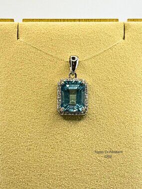 925 Silver Blue Topaz CZ Halo Pendant Emerald Cut Statement Jewelry Gift